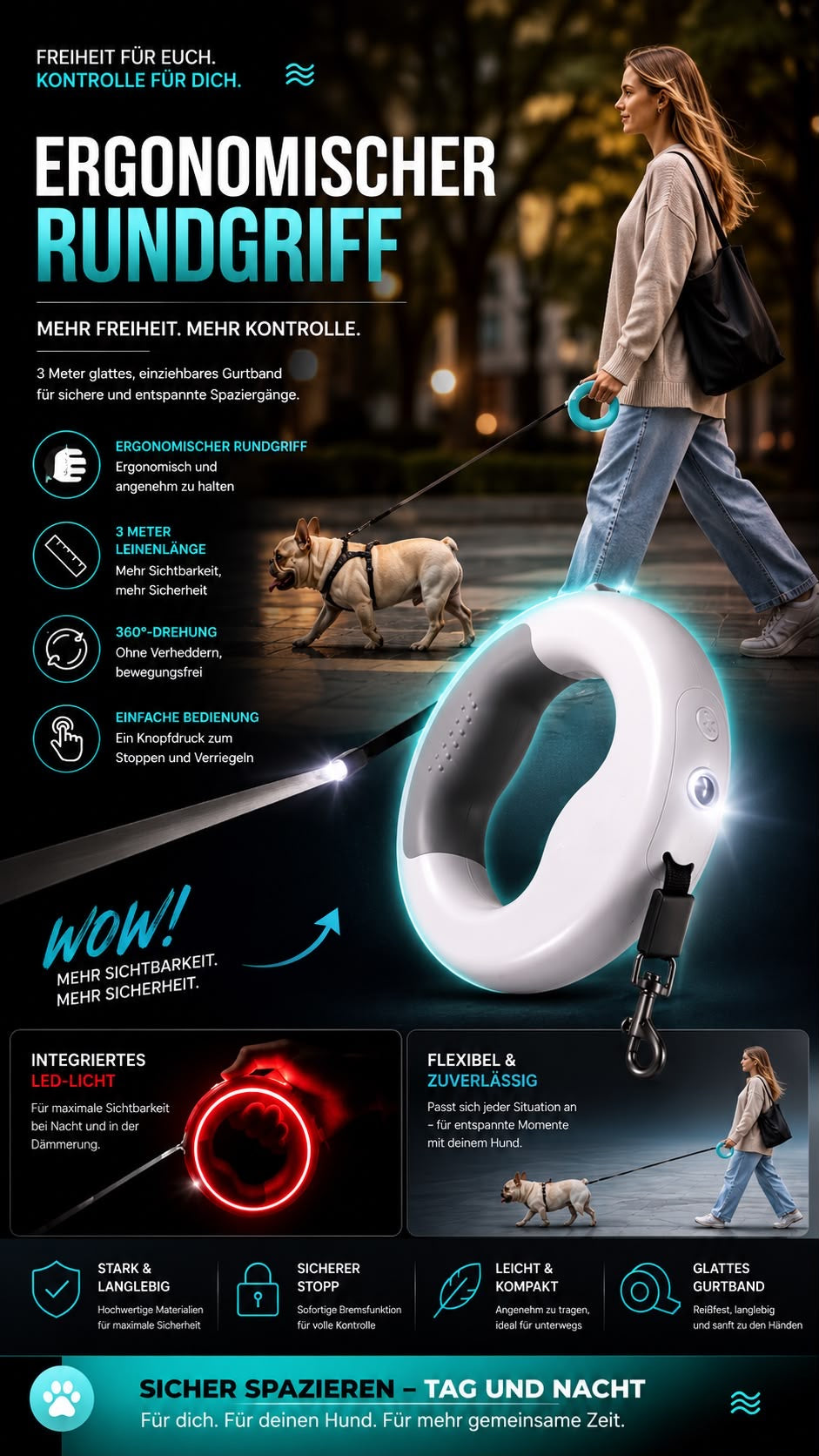 Automatische Ring-Hundeleine mit LED-Licht & Freihand-Funktion